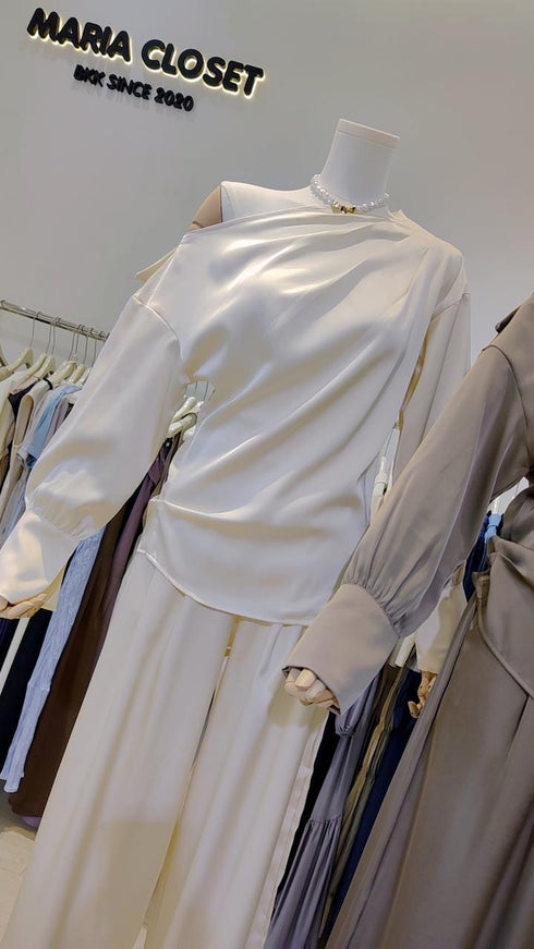 Satin Collar Down Long Sleeves Blouse With Trousers Sets